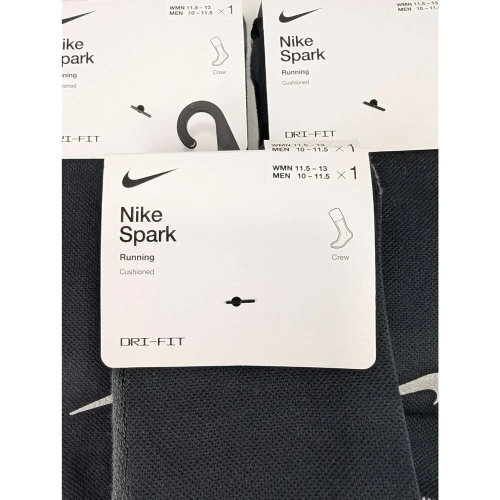 Nike Spark Black Crew Running Socks 3 Pair Bundle - W11.5-13 - M10-11.5